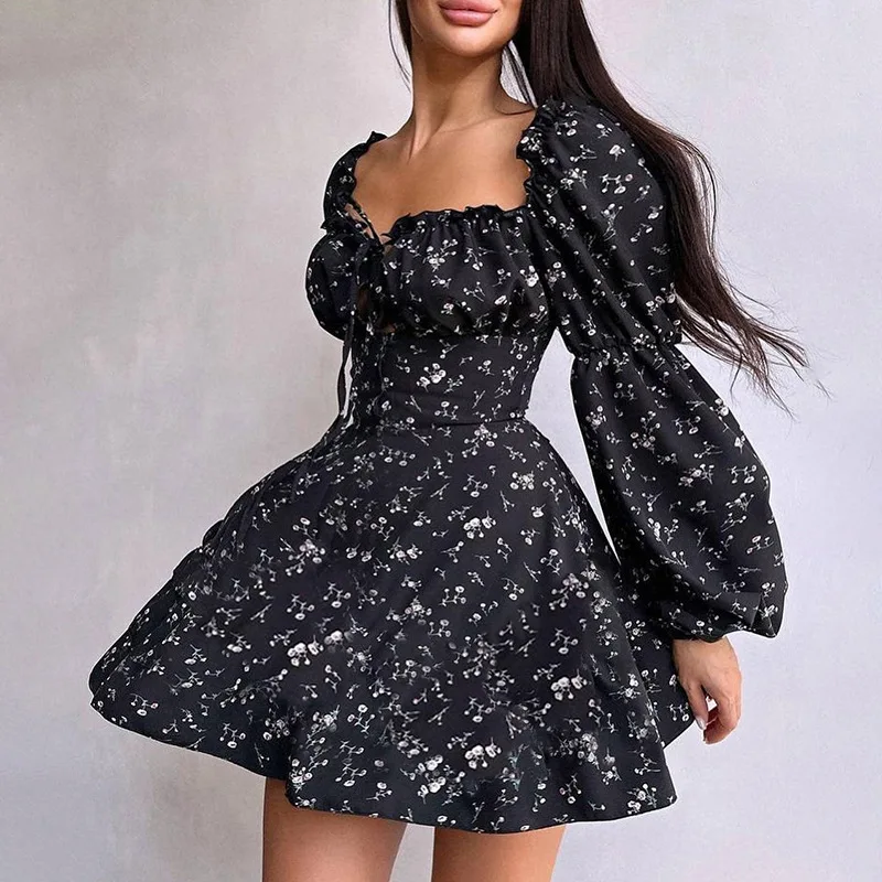 Fashion Sexy Camis Short Black Dress Women's Floral Long Puffy Sleeve Silm Mini Dresses Casual Backless Puffy Shirt Y2k Clothes