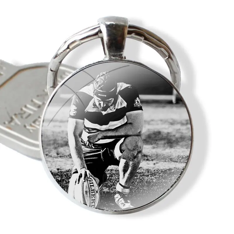 Rugby Ball Sport Keychain Handmade Glass Cabochon Key Ring Holder Pendant Key Chains