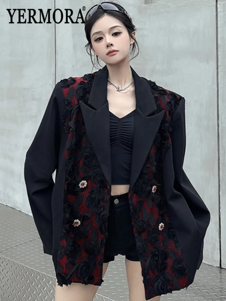 YERMORA Black Spliced Flower Button Casual Blazer For Women Lapel Long Sleeve Loose New Jacket Fashion Tide Spring Autumn 2025