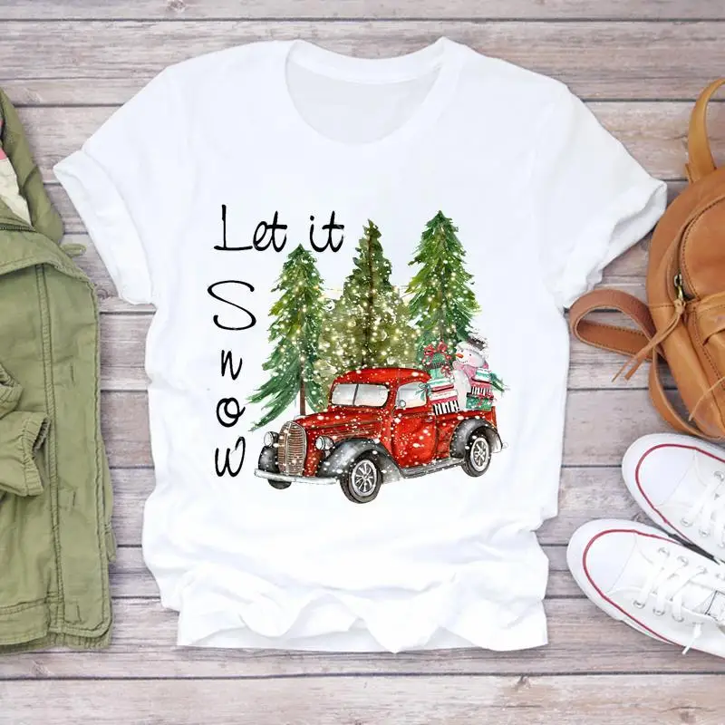

Plaid Truck Christmas New Year Holiday Printed European and American Clothing Short Sleeve Round Neck T-shirt Aesthetic