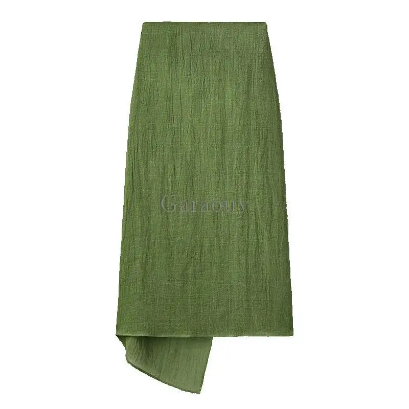 Garaouy 2022 Autumn Cotton Linen Knotted Skirt Women High Waist Long Skirt Solid Elegant Office Lady Irregular Midi Skirts Mujer