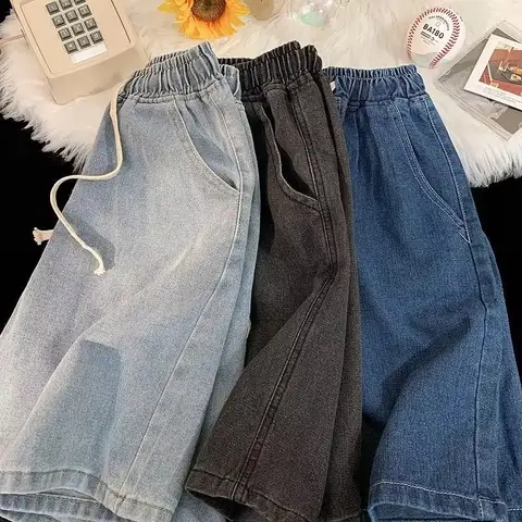 여름 얇은 탄성 허리 데님 반바지 여성의 느슨한 맞는 학생 5 분기 캐주얼 바지 스트레이트 다리 슬리밍 효과
