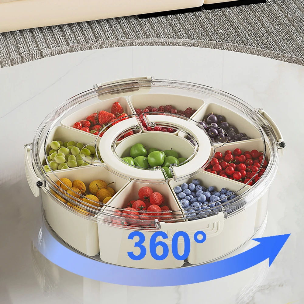 

Divided Rotating Serving Tray with Lid and Handle Portable Snackle Box for Fruits Snacks Veggie Clear Snack Spinner Organizer