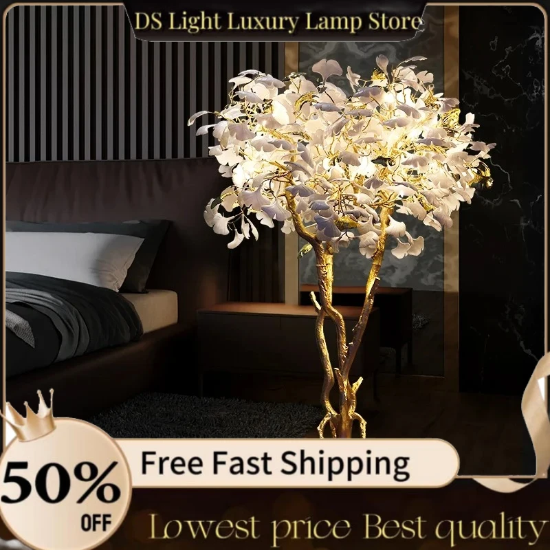 Lámpara de pie de árbol de hojas de Ginkgo grandes de lujo para vestíbulo, Vila, Hotel, diseñador artístico francés, flor alta, rosa, lámpara de pie, iluminación