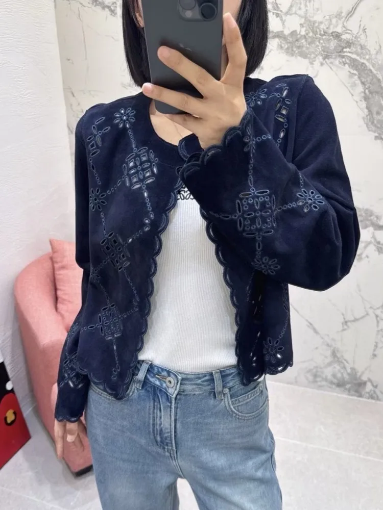 Cappotto corto autunno inverno ricamato femminile scavato Giacca vintage in vera pelle scamosciata slim fit colletto tondo moda donna elegante