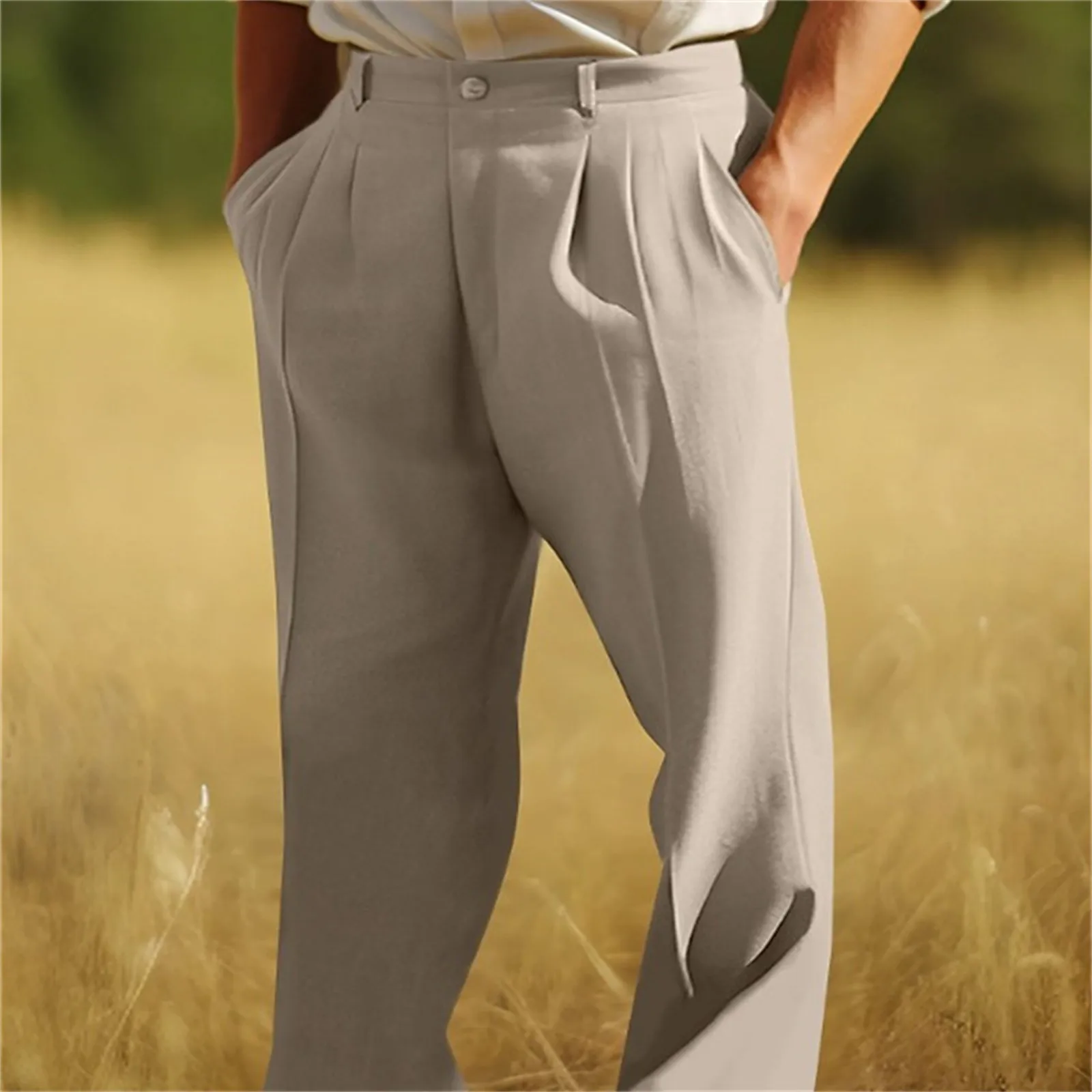 

Men'S Linen Double Pleated Front Pocket Straight Tube Plain Comfortable Breathable Casual Pants 10 Memory Foam