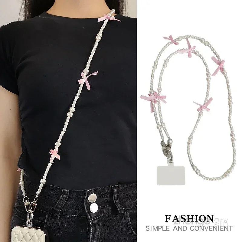 Crossbody Hand with Bow Pearl Chain Drop Resistant Mobile Phone Hanger Neck Back Chain Long Mobile Phone Lanyard for Women image 3