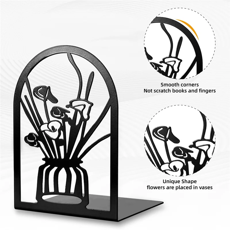 3 Pairs Metal Bookends, Flower Book Ends For Shelves Decorative, Book Stopper For Heavy Books, For Home Office