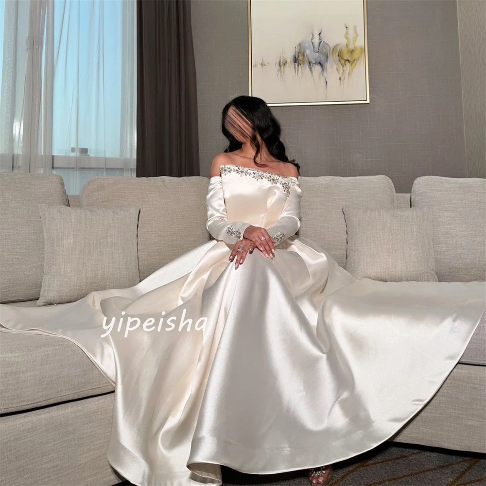 Satin Sequined Ruched Clubbing A-line Off-the-shoulder Bespoke Occasion Gown Long Dresses