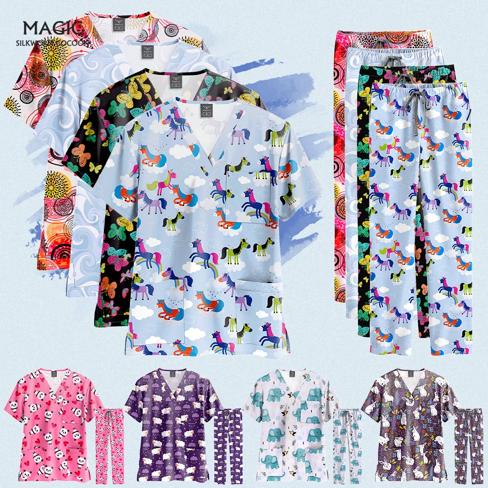 Animal Printed Nurse Accessories Pet Clinic Vet Work Uniforms Women Hospital Doctor Nursing Set Medical Scrub Clothes Tops Pants