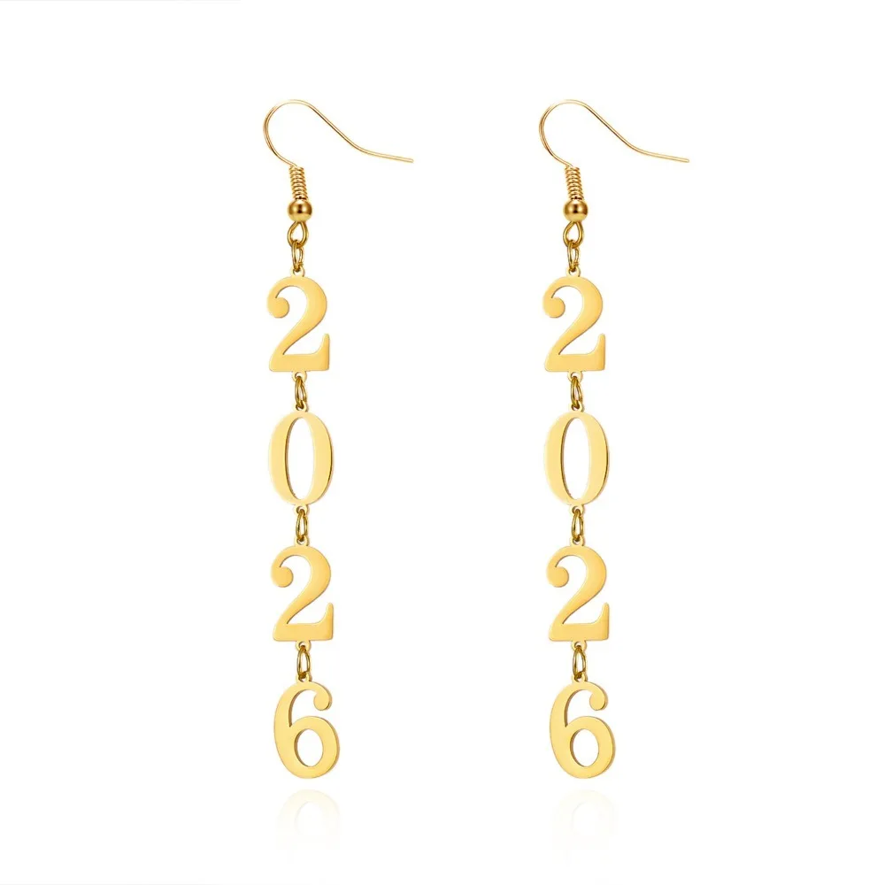 الذهب اللون السنة الجديدة عدد القرط الفولاذ المقاوم للصدأ مقاومة للصدأ 2026 انخفاض القرط تنوعا الحد الأدنى الأذن قلادة #1