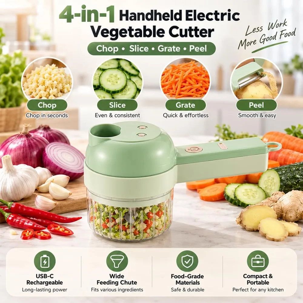 Fast Electric Vegetable Cutter - Handheld Food Processor Stainless Steel Blade USB-C for Chopping Slicing Grating Whipping