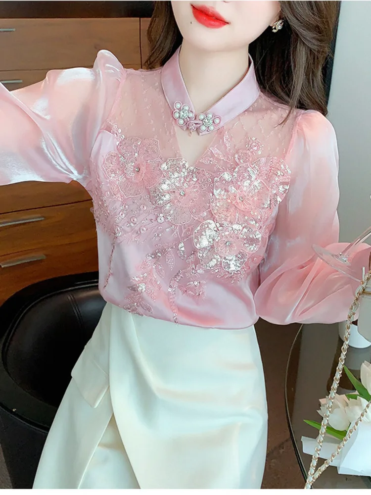 #2579 Pink Vintage Chiffon Blouse Women Stand Collar Hollow Out Sexy France Style Retro Sequined Flower Womens Tops And Blouses