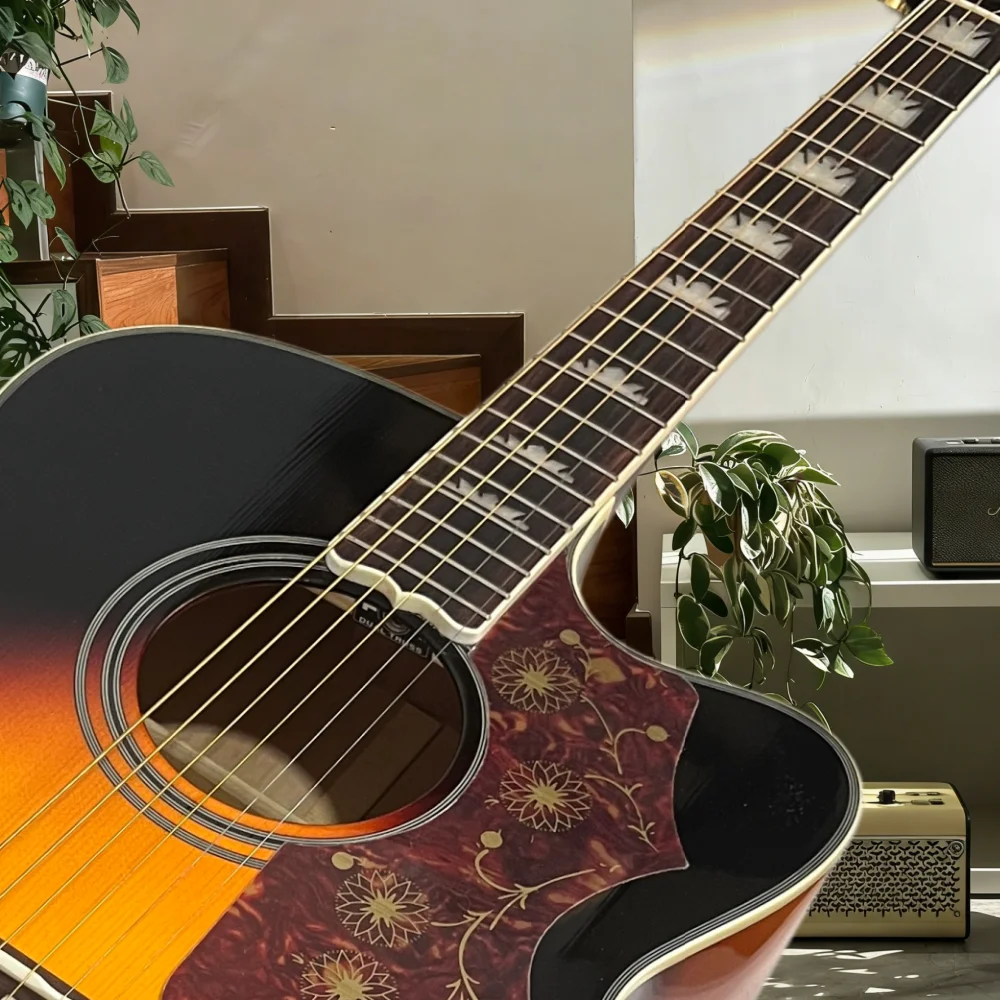 

41-дюймовая акустическая гитара серии J Sunset с цельной верхней декой, простым дизайном, корпусом из клена, грифом из палисандра, EQ, чистым тембром, 6 струн, бесплатная доставка