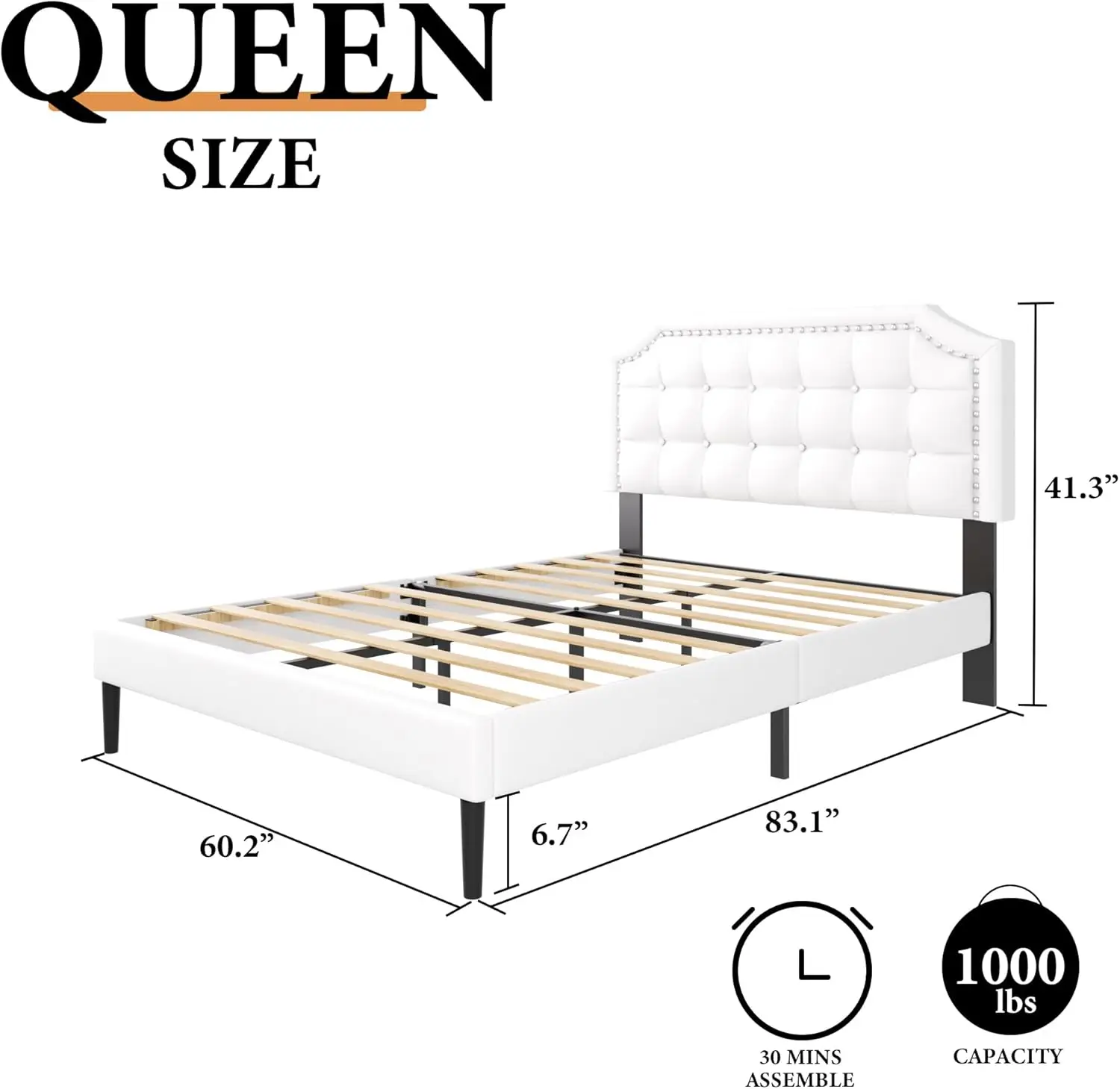 Queen Size Platform Bed Frame With Headboard, Button Tufted & Rivet Design, No Box Spring Needed, Easy Assembly, No Noise,