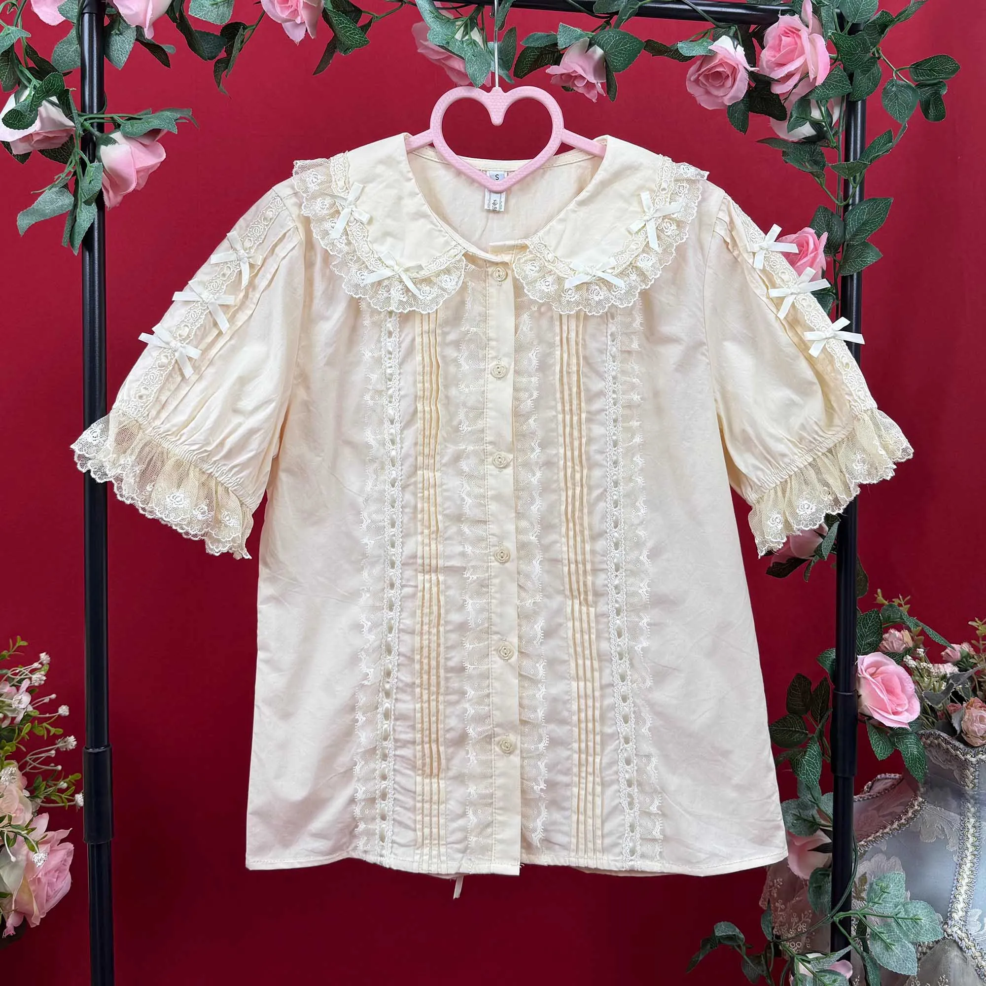 

lolita blouse short sleeve peter pan collar shirt women Victorian Vintage Kawaii Lace cute summer tops
