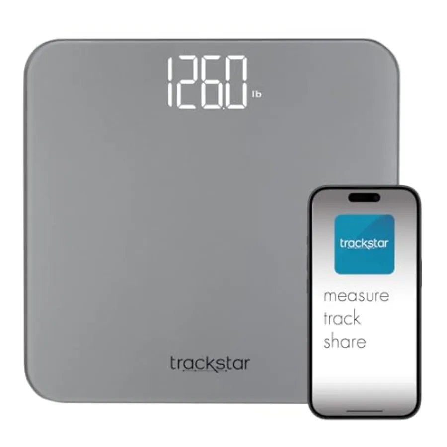 

Цифровые весы Trackstar Silver с грузоподъемностью 440 фунтов, приложение для мониторинга Trackstar, совместимость с Bluetooth, iOS и Android.