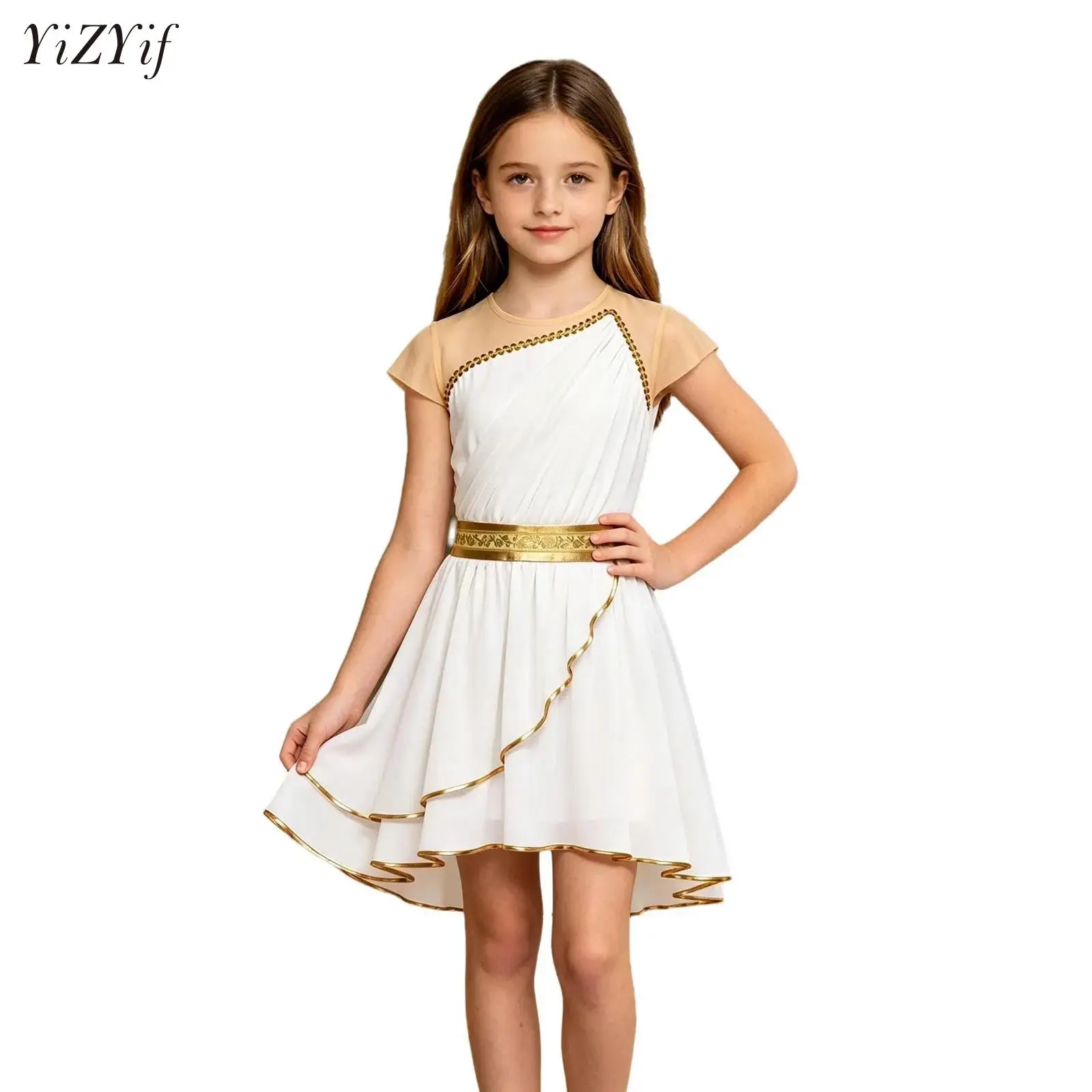Asymmetrical Color-blocked Modern Dance Dress for Kids Girls Athena Costume Greek Princess Ancient Greece Roman Toga Robe