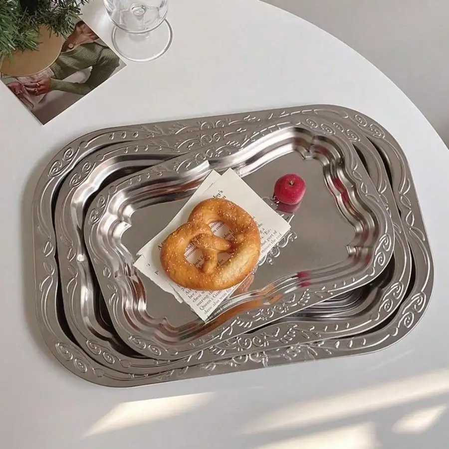 French Vintage Tray 410 Stainless Steel Rectangular Trays W/ Retro Relief Coffee Cup Storage Dish Fruit Snack Cake Serving Dish