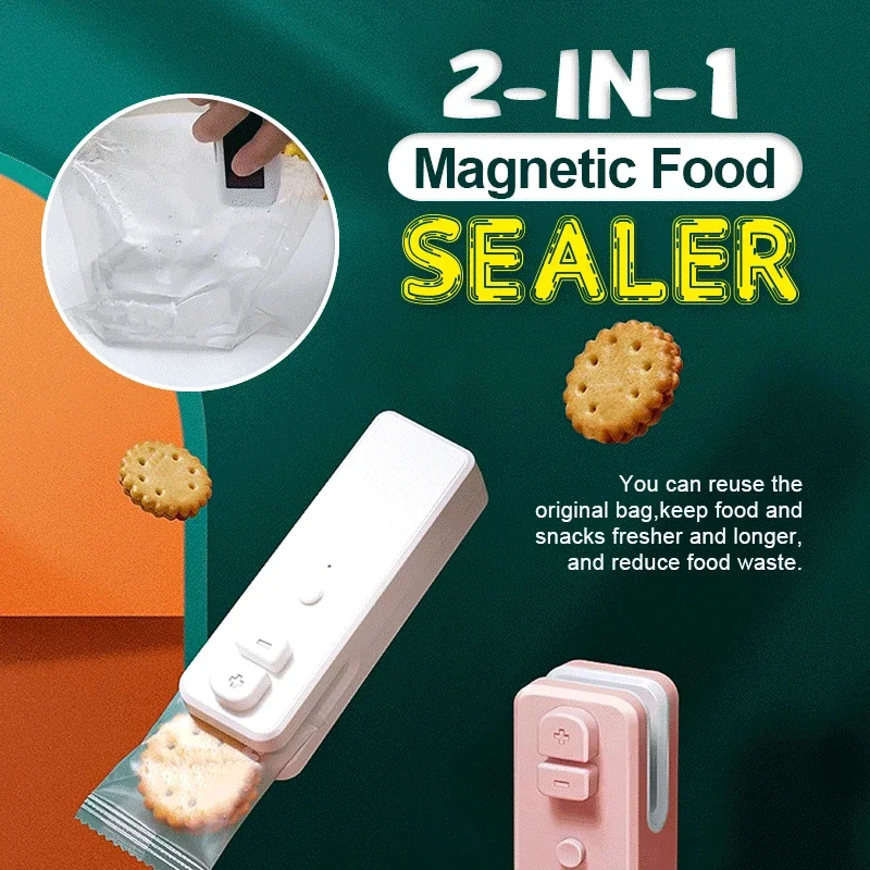 2 in 1 Magnetic Food Sealer USB Rechargeable Mini Bag Sealer Portable Handheld Plastic Bag Heat Sealer Sealing Machine Cutter