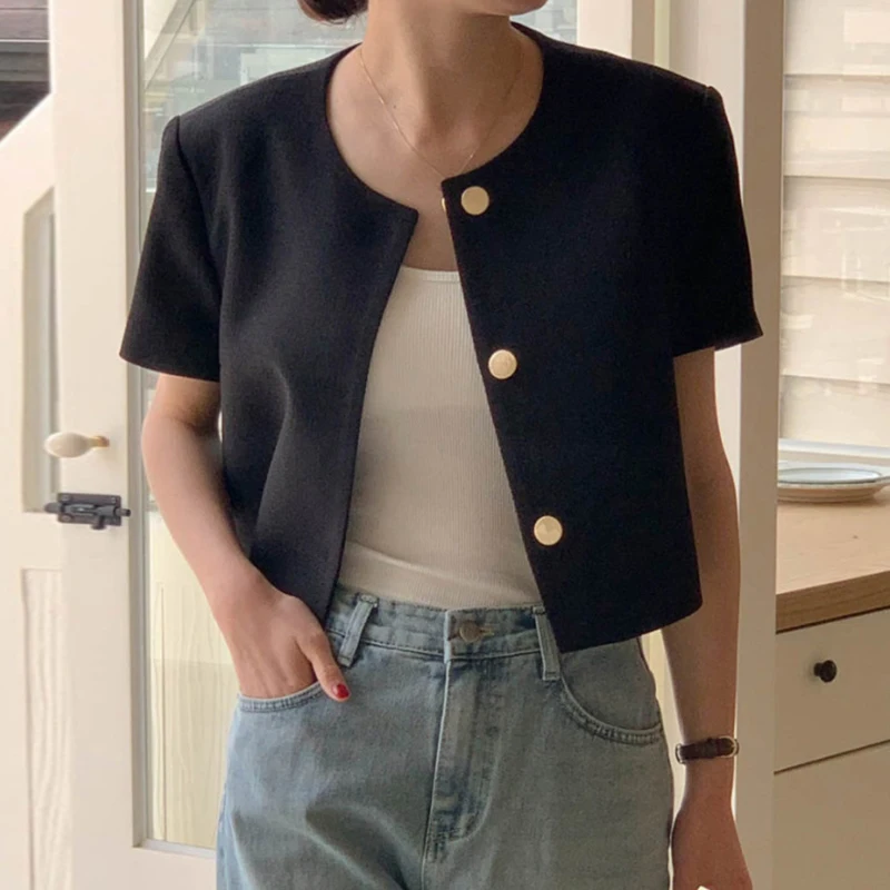 TPJB Korea 세련된 여름 자켓 작은 향기 바람 라운드 넥 싱글 브레스트 루즈 캐주얼 버블 슬리브 짧은 코트 여성