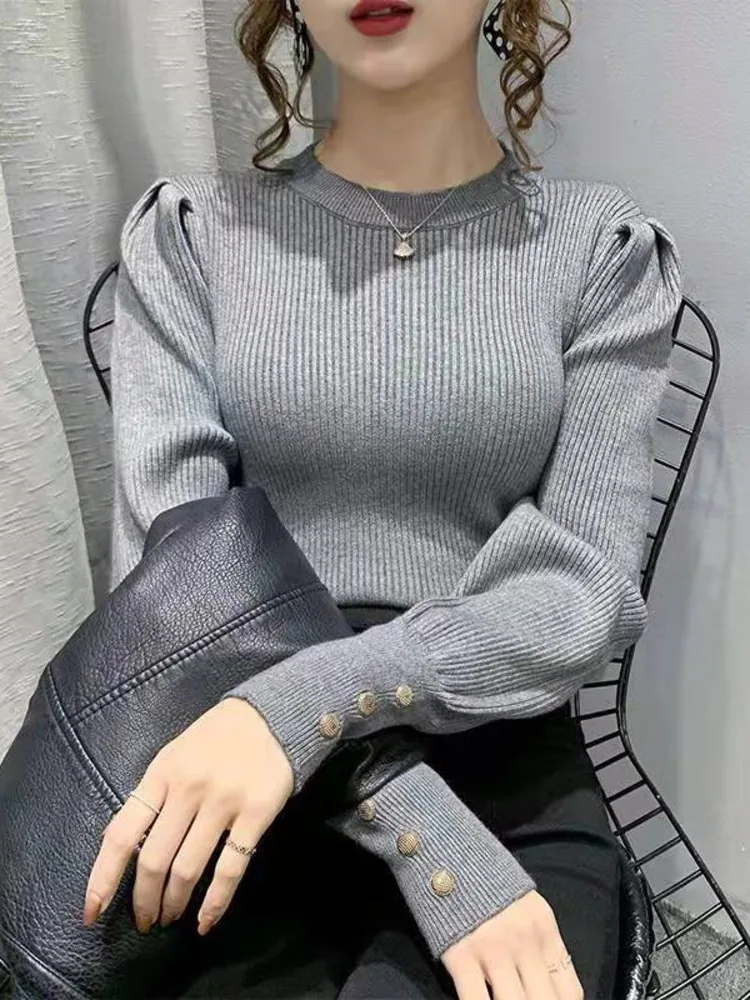 Fashion O-neck Elastic Female Pullover Sweater Lantern Sleeve Buttons Women Jumpers Knit Tops Winter Clothes Women Pull Femme