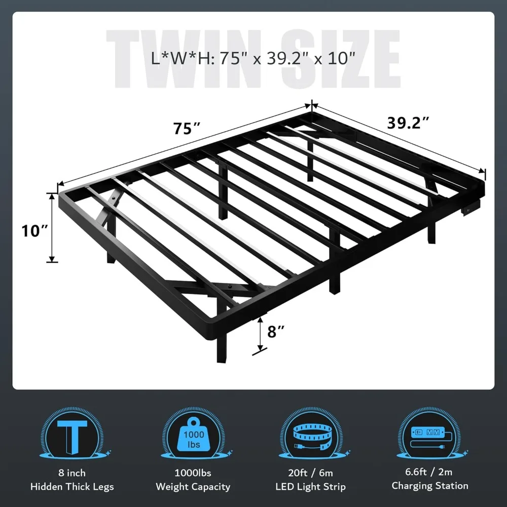 إطار سرير عائم بحجم مزدوج من iPormis مع قاعدة شحن وإضاءة LED، إطار سرير بمنصة معدنية مع شرائح فولاذية شديدة التحمل S #2