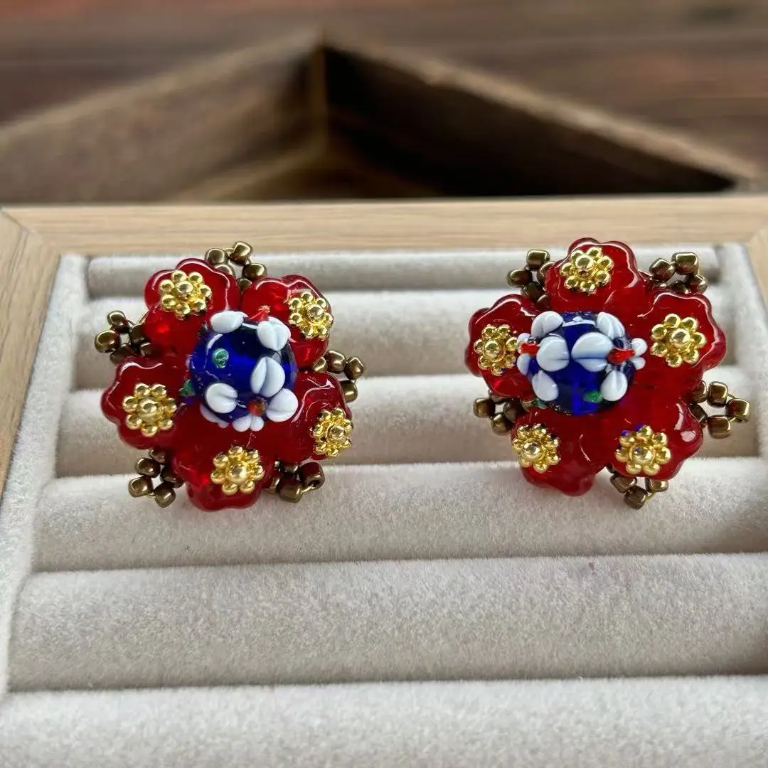Medieval high-end temperament red retro pumpkin stud earrings, retro blue three-dimensional flower glazed earrings.