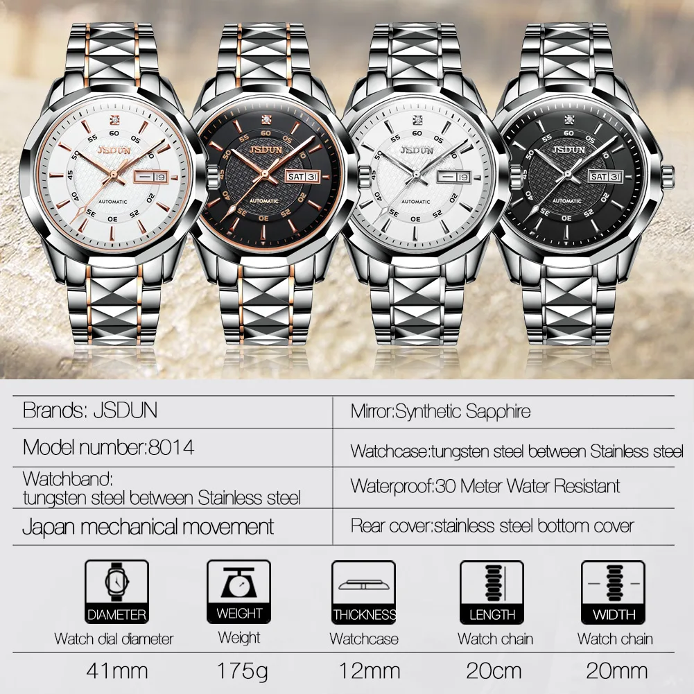 JSDUN New Tungsten Steel Mechanical Watch for Men High Quality Waterproof Calendar Wrist Watch Men Luxury Automatic Mens Watch