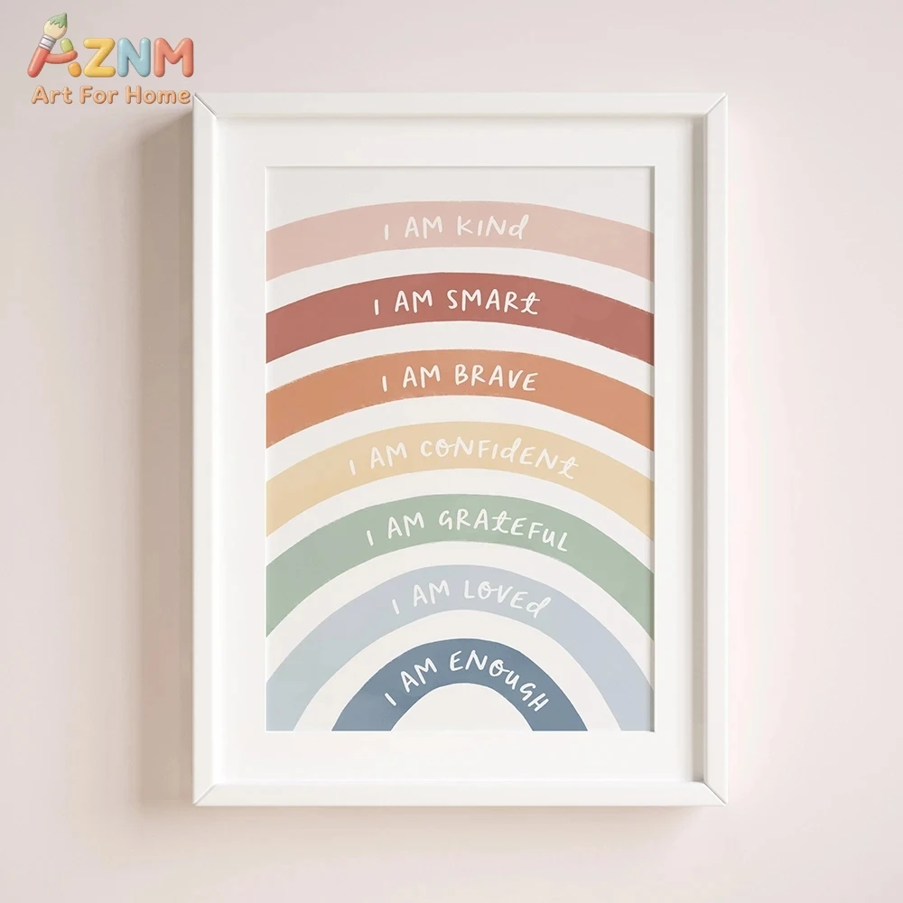AZNM Boho Rainbow Affirmation Canvas Wall Art, I Am Kind Smart Brave Print, Frameless Inspirational Nursery Canvas Painting for