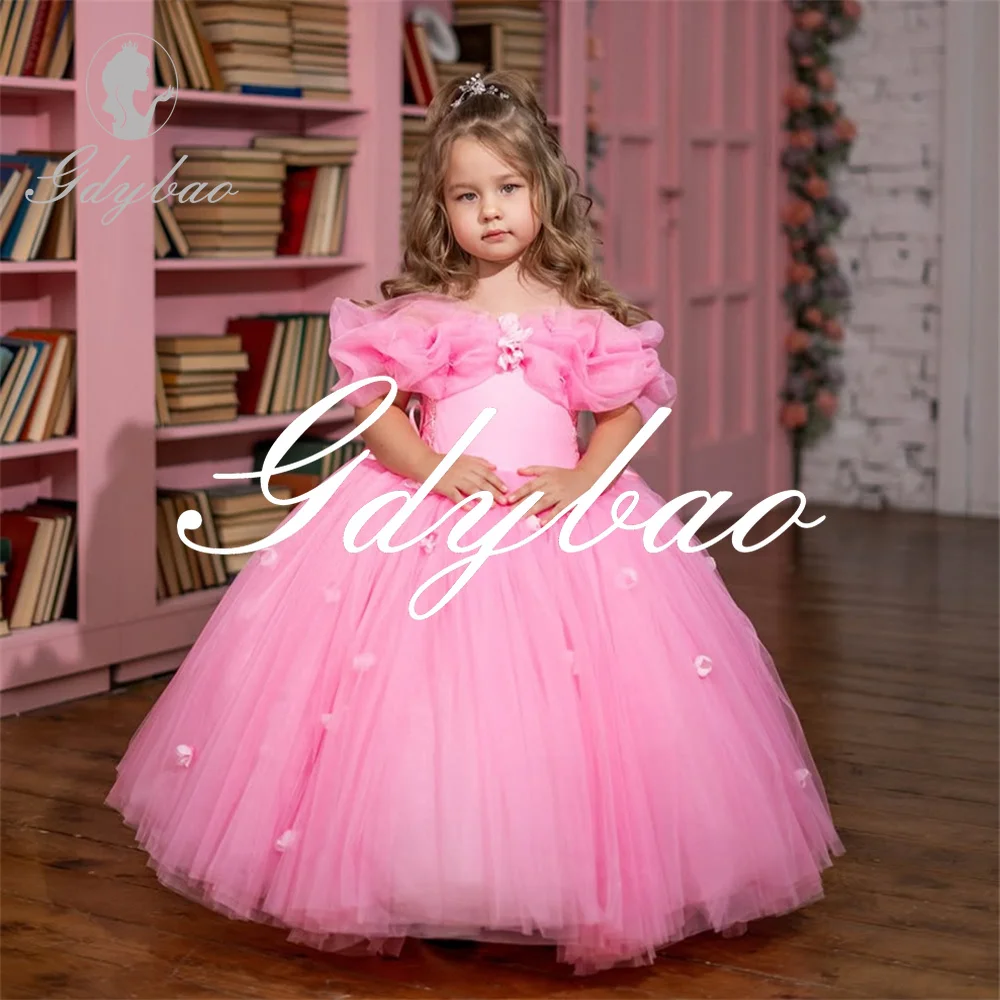 

Strapless Pleat Off The Shoulder Short Sleeve Princess Flower Girl Dress Tulle Applique First Communion Dress New Customized
