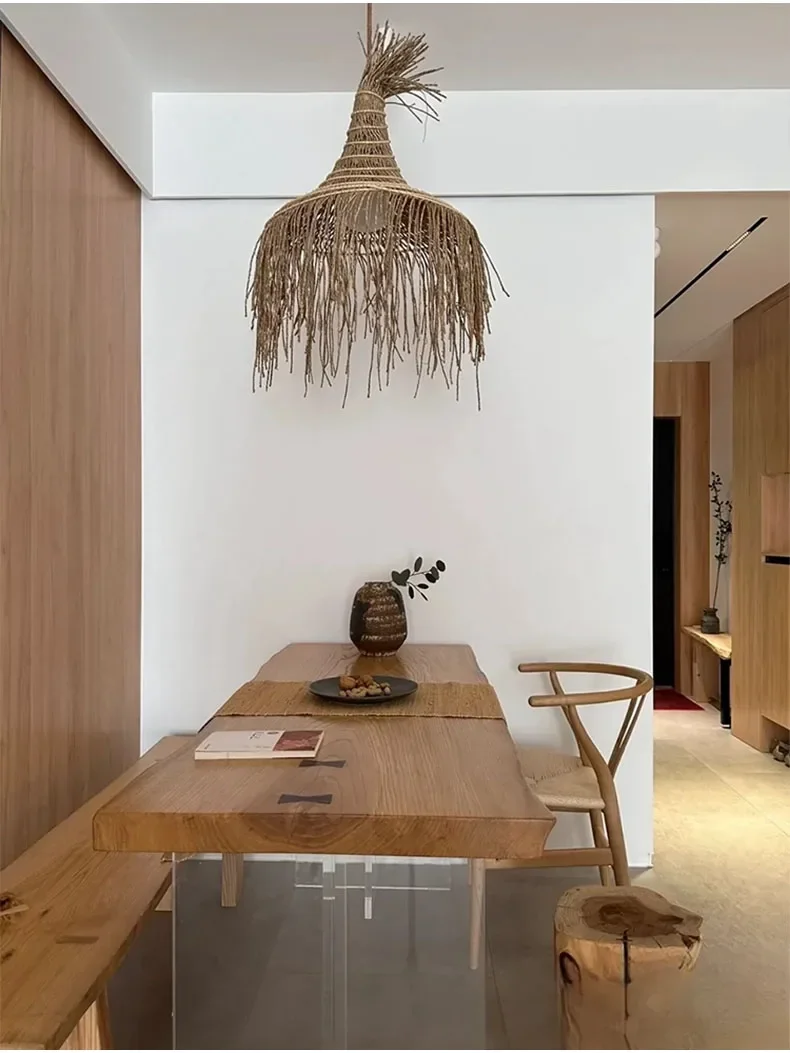 和風籐ペンダントランプ,レトロ,手作り,麦わら帽子,居間,茶室,家庭,レストラン用