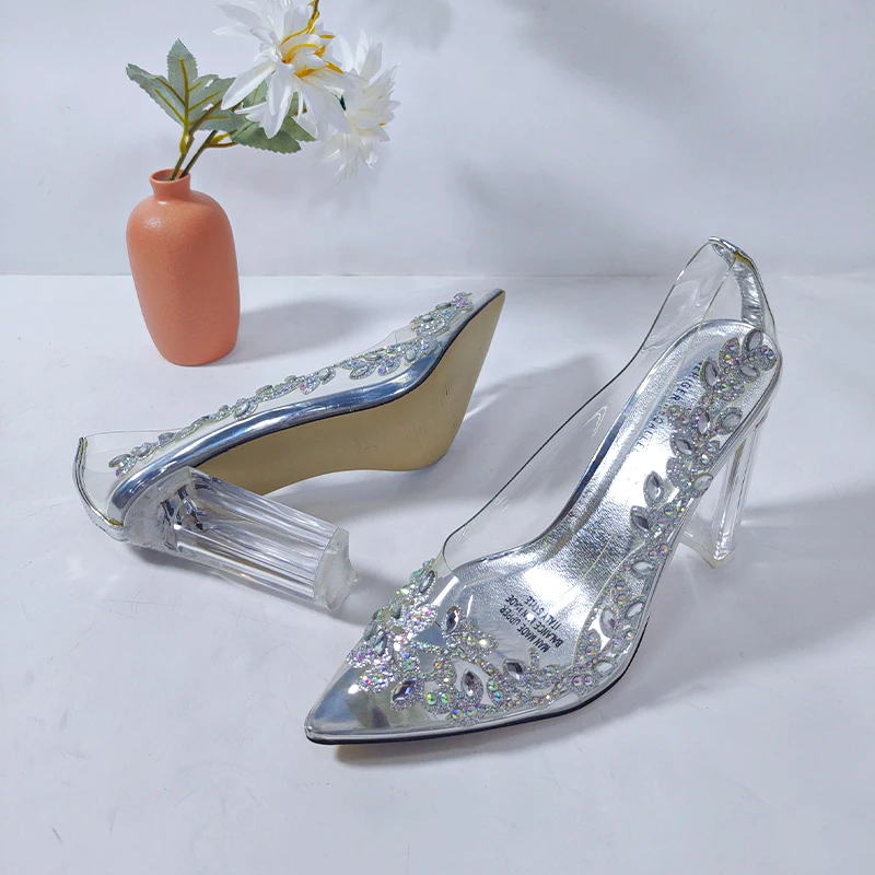 2023 New Fashion Italian Design Rhinestone Silver Pointed Toe Clear Shoes Elegant Party Wedding Bridal Ladies High Heels Sandals