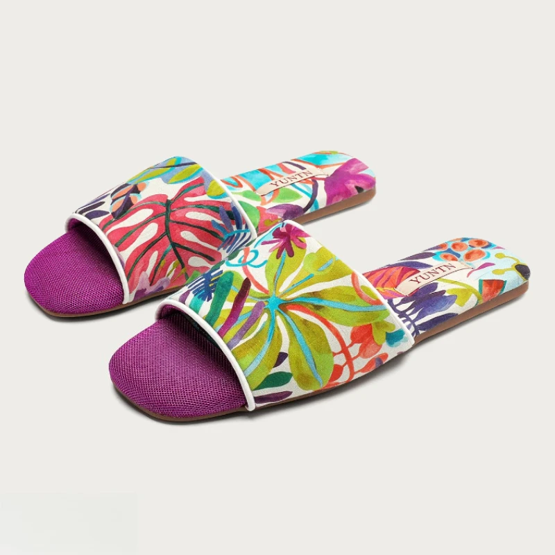 

Colorful Printed Summer Flat Slippers Women Sexy Square Toe Open-toed Home Slippers Comfortable Non-slip Designer Slide Sandals