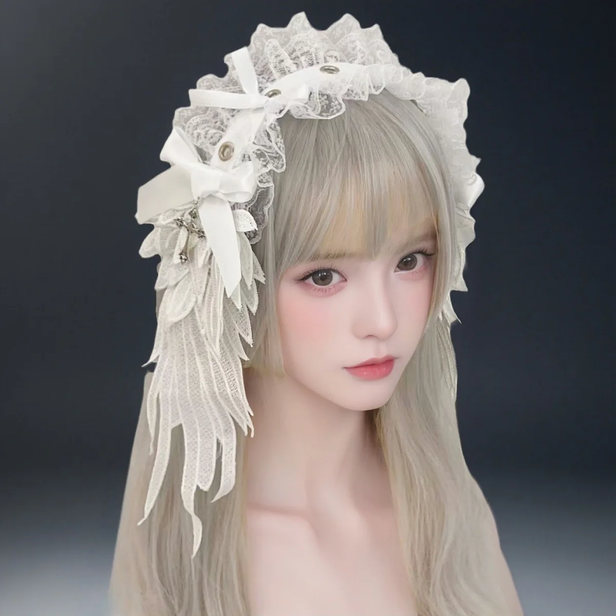 Women's Harajuku Steampunk Y2K Lace Wing Headwear Bow Headband Lolita Gothic Dark Angel Cross Headwear and Hair Accessories