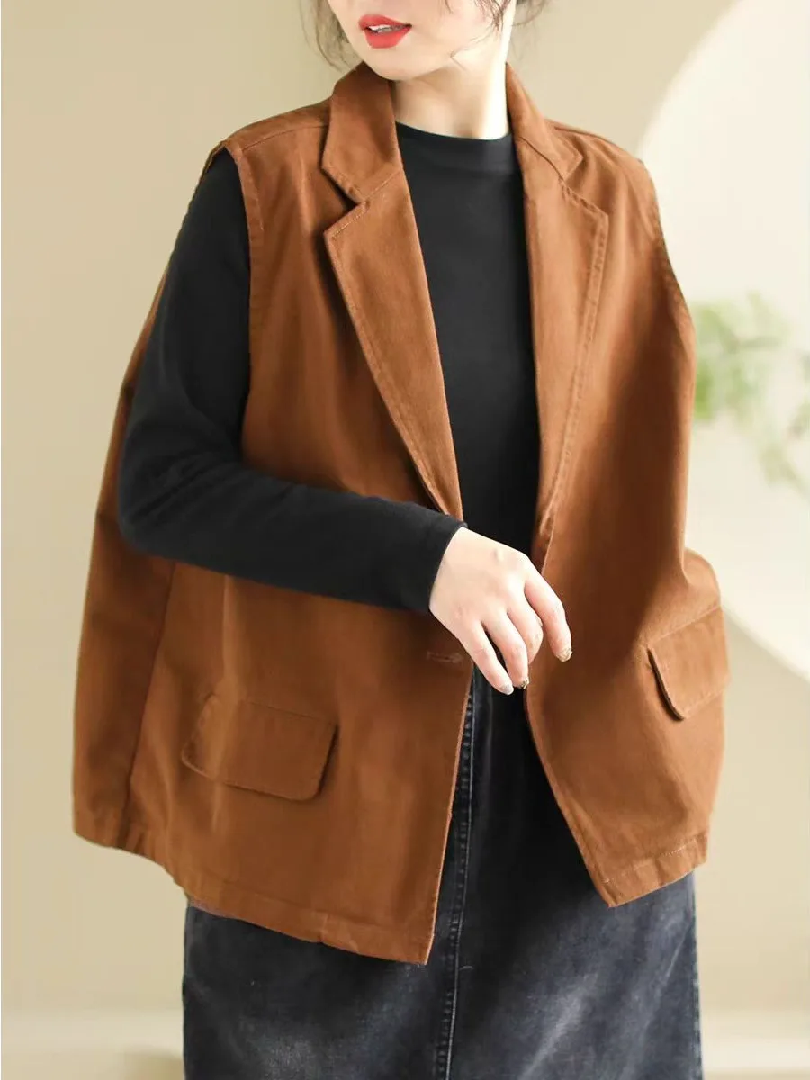 

Жилет для отдыха из чистого хлопка, женский осенний жилет для поездок на работу, простой костюм с воротником, верхняя одежда, топ, большой размер, подходит всем