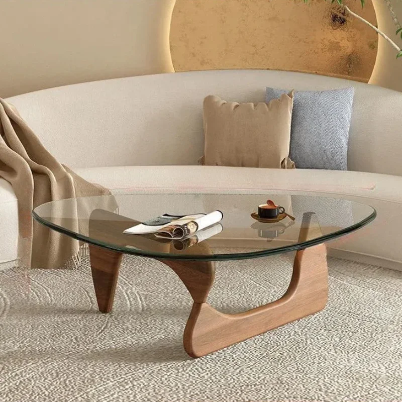 Triangle Center Table Modern Coffee Table Solid Wood Base Glass top Oval Small Tables For Living Room