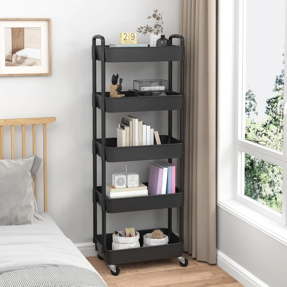 Chariot utilitaire roulant à 5 niveaux avec poignée, chariot de rangement multifonctionnel pour la maison et le bureau, noir