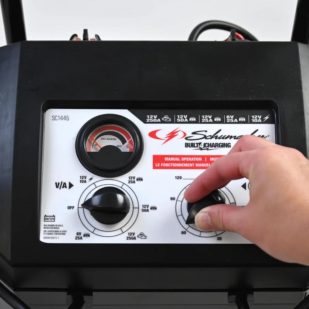 شاحن بطارية السيارة اليدوي بعجلات كهربائية من شوماخر 10 أمبير ومحرك 250 أمبير، حل 2 في 1، معزز 50 أمبير، لطاقة 6 فولت/12 فولت
