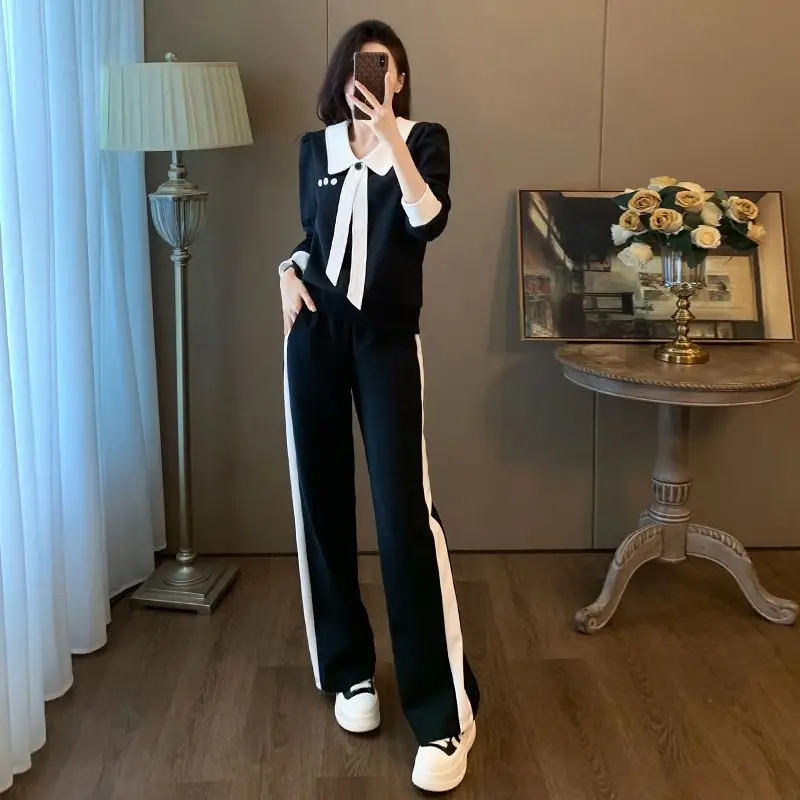 

Fashion Women Spring Autumn Tracksuit Patchwork Peter Collar Sweatshirts Wide Leg Pants Two Piece Sets Lady Casual Joker Outfits