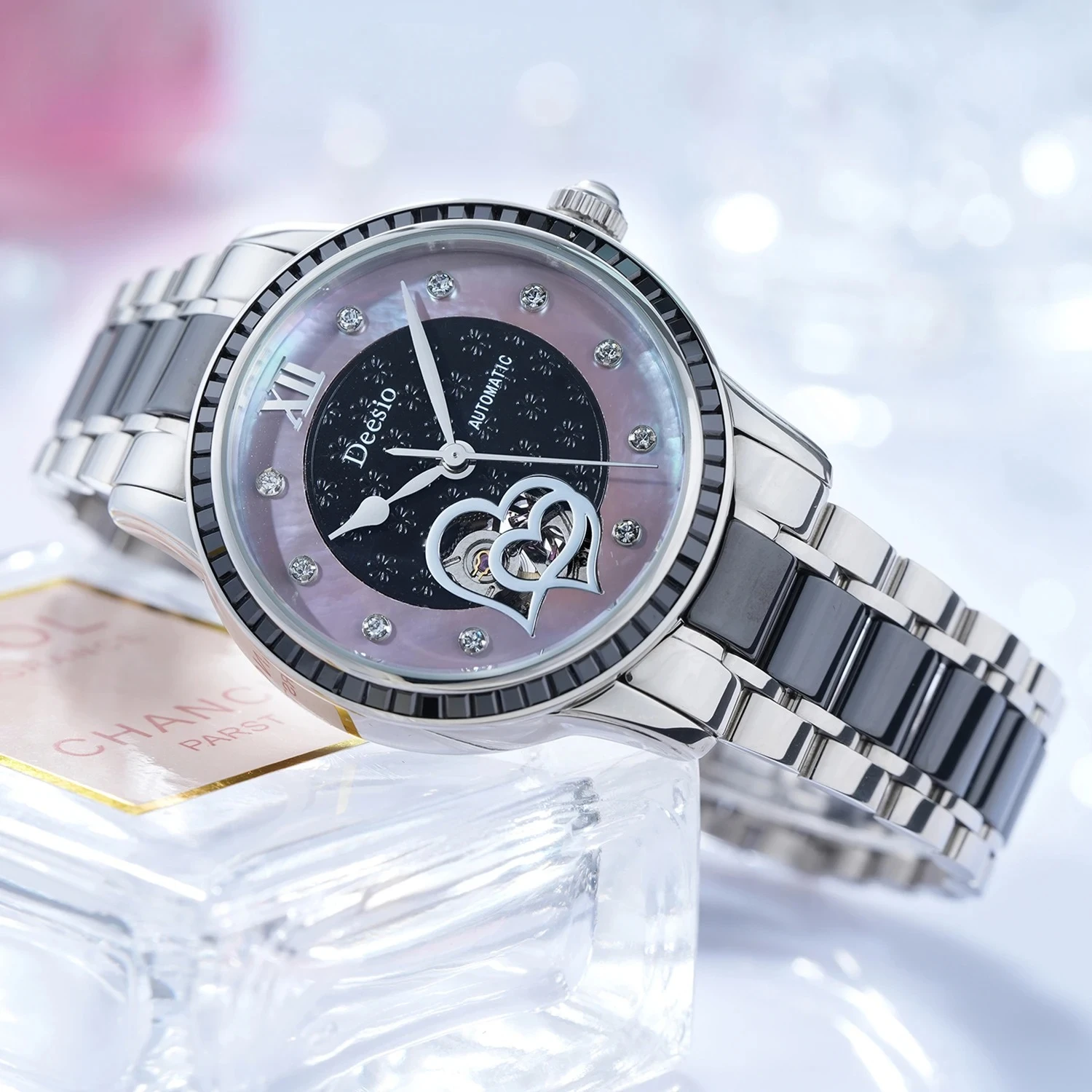 Deesio Women's Automatic Heart Hollow Watch Ceramic Band Elegant 3ATM Waterproof Fashion Wristwatch for Ladies Valentine Gift