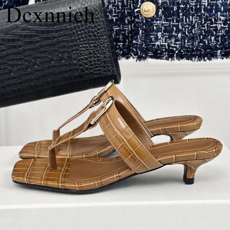 Spring Summer Genuine Leather Square Split Toe Slippers Women Retro Meatl Buckle Decor Kitten Heel Sandals Ladies Party Shoes