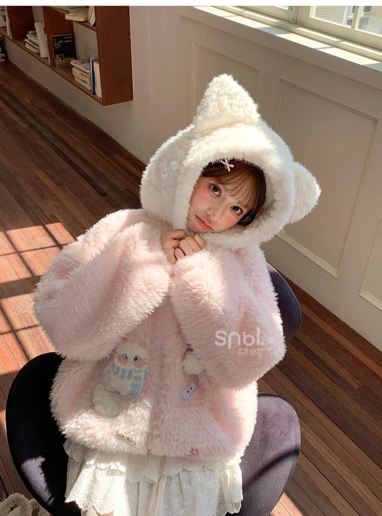 Japanese Sweet Kawaii Cat Embroidered Plush Hoodie Sweatshirt Cute Cat Ear Loose Versatile Thick Warm Parkas Jacket Women Winter