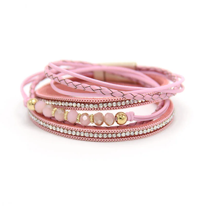 Summer Rhinestone Chain Crystal Leather Women's Long Bracelet Layered Leather Wrapped Two Loops Soft Bracelet for Women Jewelry