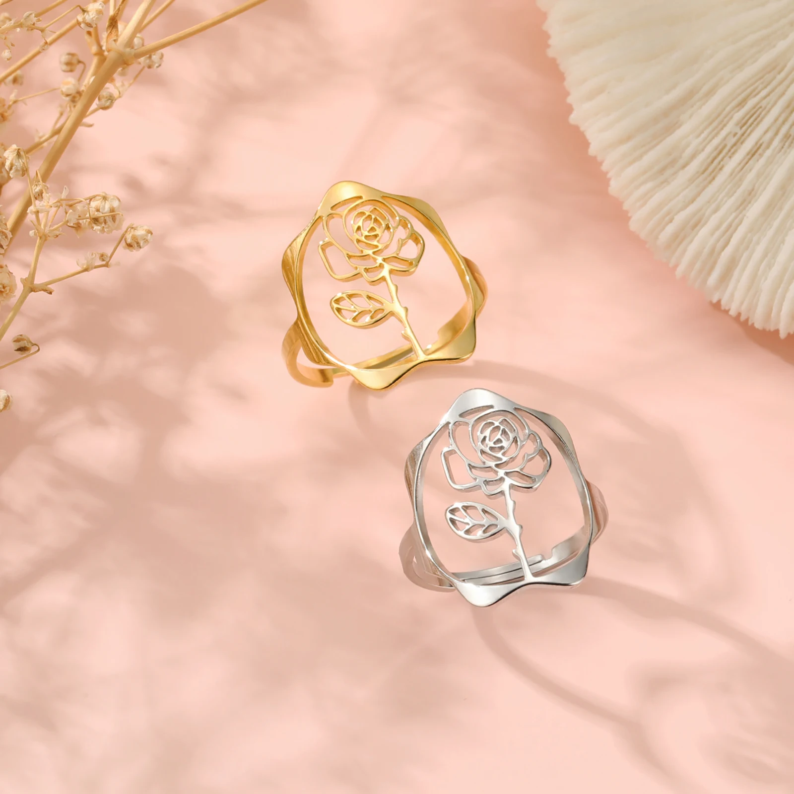 Birth‑Month‑Flower‑Shape Adjustable Stainless‑Steel Ring for Women, Snowdrop Daisy Iris Detail Aesthetic Finger‑Jewelry, Ideal Birthday Gift for Her