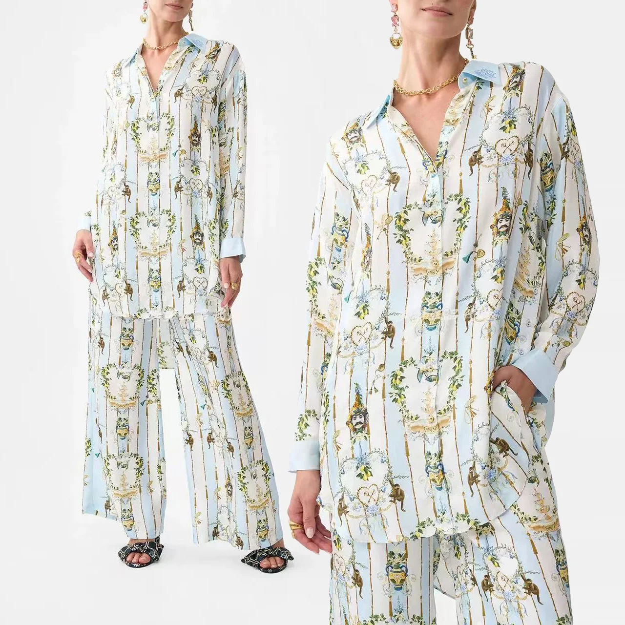 Faionable Set con colletto lungo stampato e pantaloni a gamba larga Abbigliamento estivo da donna Vestibilità ampia Ele Sle