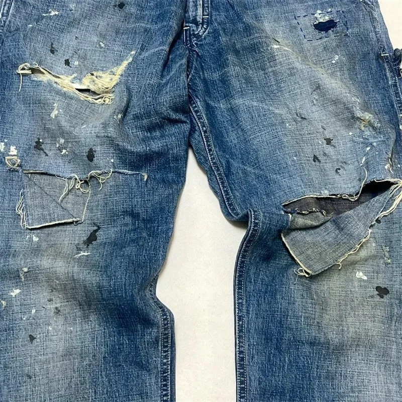 25ss Washed Blue SAINT MICHAEL Jeans Men Women 1:1 Top Quality Splashing Ink Through Holes Oversized Jeans