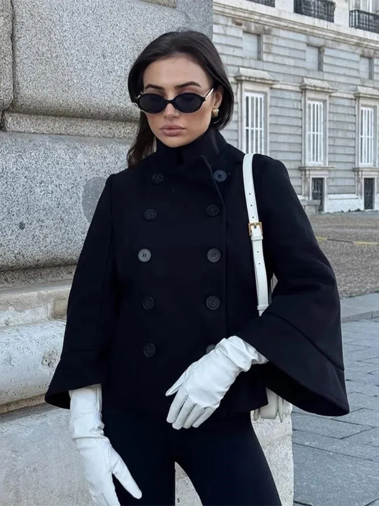 

Шикарное двубортное шерстяное пальто, женское элегантное свободное пальто с воротником-стойкой и длинными рукавами, новинка 2023 года, осенняя офисная шикарная уличная верхняя одежда