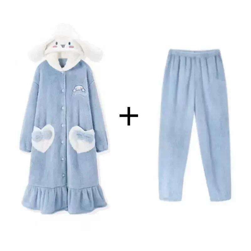 Sanrio Cinnamoroll Pajamas Cartoon Sweet Nightgown Women Plush Thicken Homewear Winter Flannel Warm Clothes Girl Kawaii Bathrobe