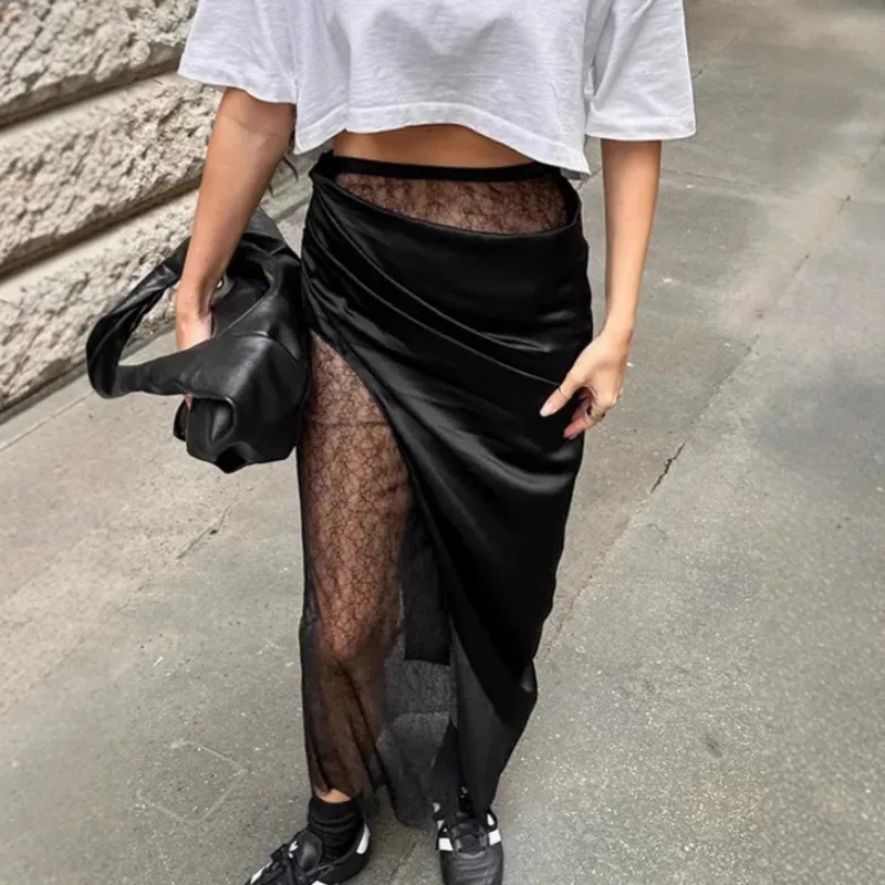 2025 Spring Spice Girl Black Wrap Lace Fart Curtain Skirt Women's Fashion Asymmetrical Splicing A-shaped Skirt Women's Clothing